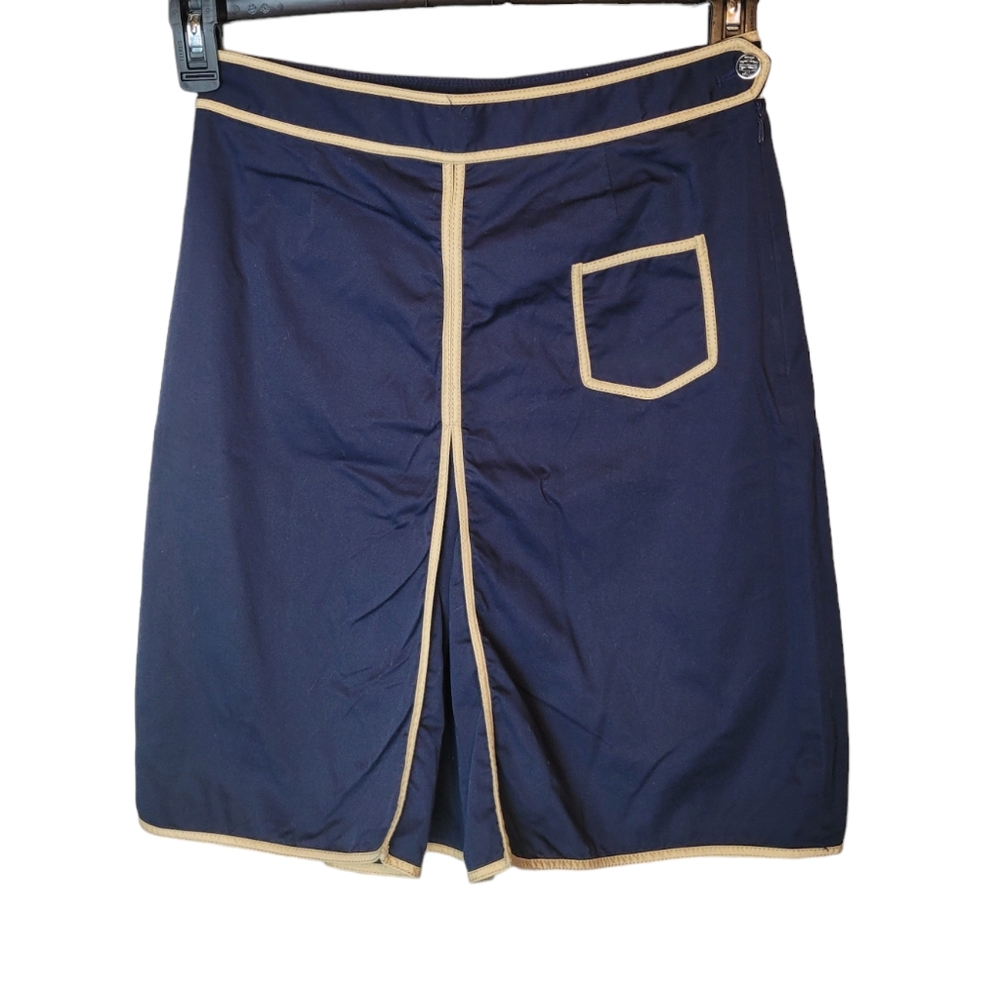 Tory Burch Navy Tan Pleated Knee-Length Skirt